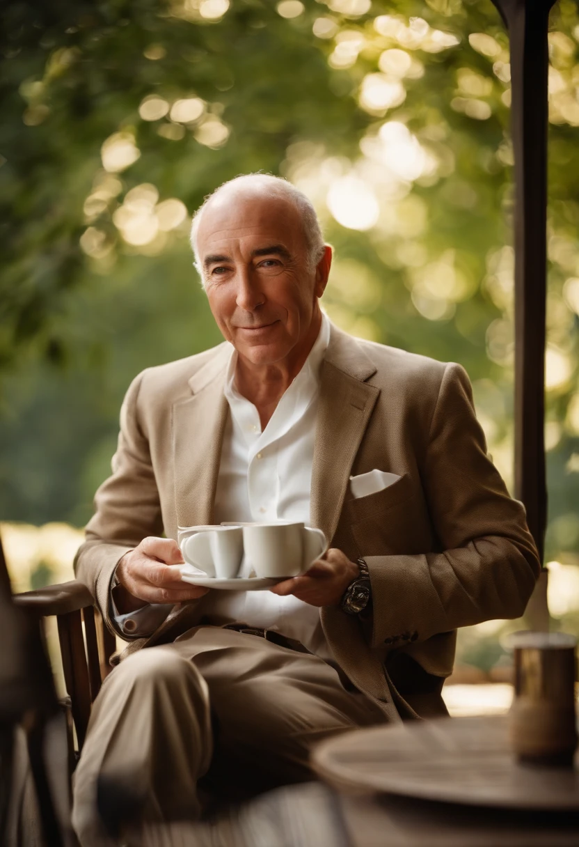 A photo of David Geffen savoring a cup of freshly brewed coffee as the morning sun illuminates the deck of Rising Sun.,original,In terms of appearance, Geffen is typically seen in smart-casual attire, projecting a professional yet approachable image befitting his status as a media mogul. With a clean-shaven face, neatly trimmed hair, and a composed demeanor, he conveys a sense of quiet confidence and understated elegance., male