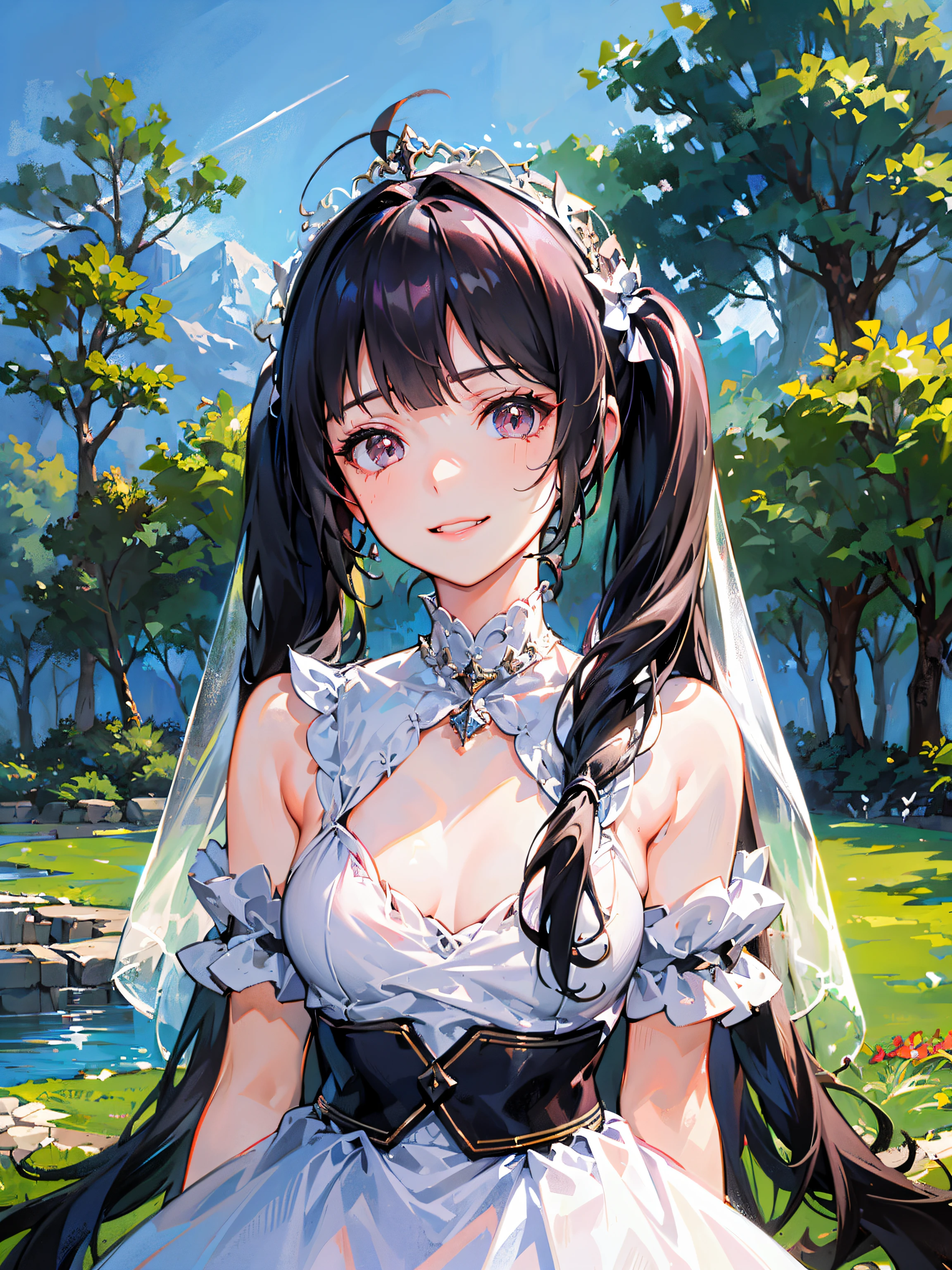 ((((Focus sharp,ssmile,Glaring,))))((pond scenery,))(Masterpiece illustration,Beautiful and beautiful:1.2,aiming at viewer,cow boy shot), Best quality at best,top-quality, Epic quality,((En plein air,))Neat face,((divine girl,young,beautifully detailed hair，middlebreast,))((brunette color hair))，hyper HD, retinas, ctextured skin, A high resolution,4K ，((veils,bluntbangs,mid hair,Long double ponytail,)),详细的脸,1个Giant Breast Girl,Alone, s the perfect face, Very amazing girl,{{{Pure white wedding dress,}}},rim-light,