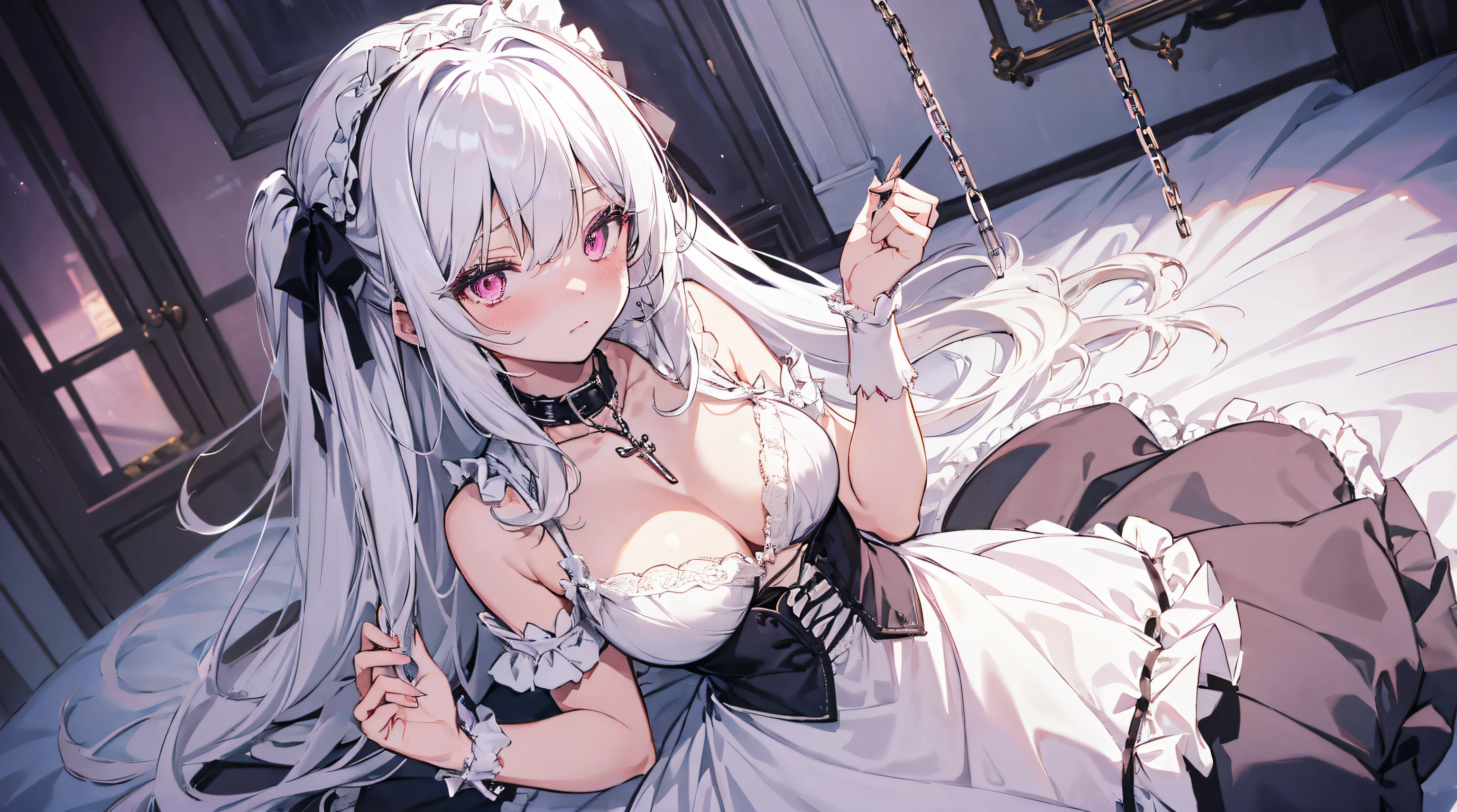 Best quality at best, tmasterpiece, indoor, Beds, Alone, 1 girl, White hair, Very long hair, a pink eyes, mediuml breasts, white stockings, cleavage dress, Gothololita, the bow, collars, cross necklace, chain, handcuff, nose blushing