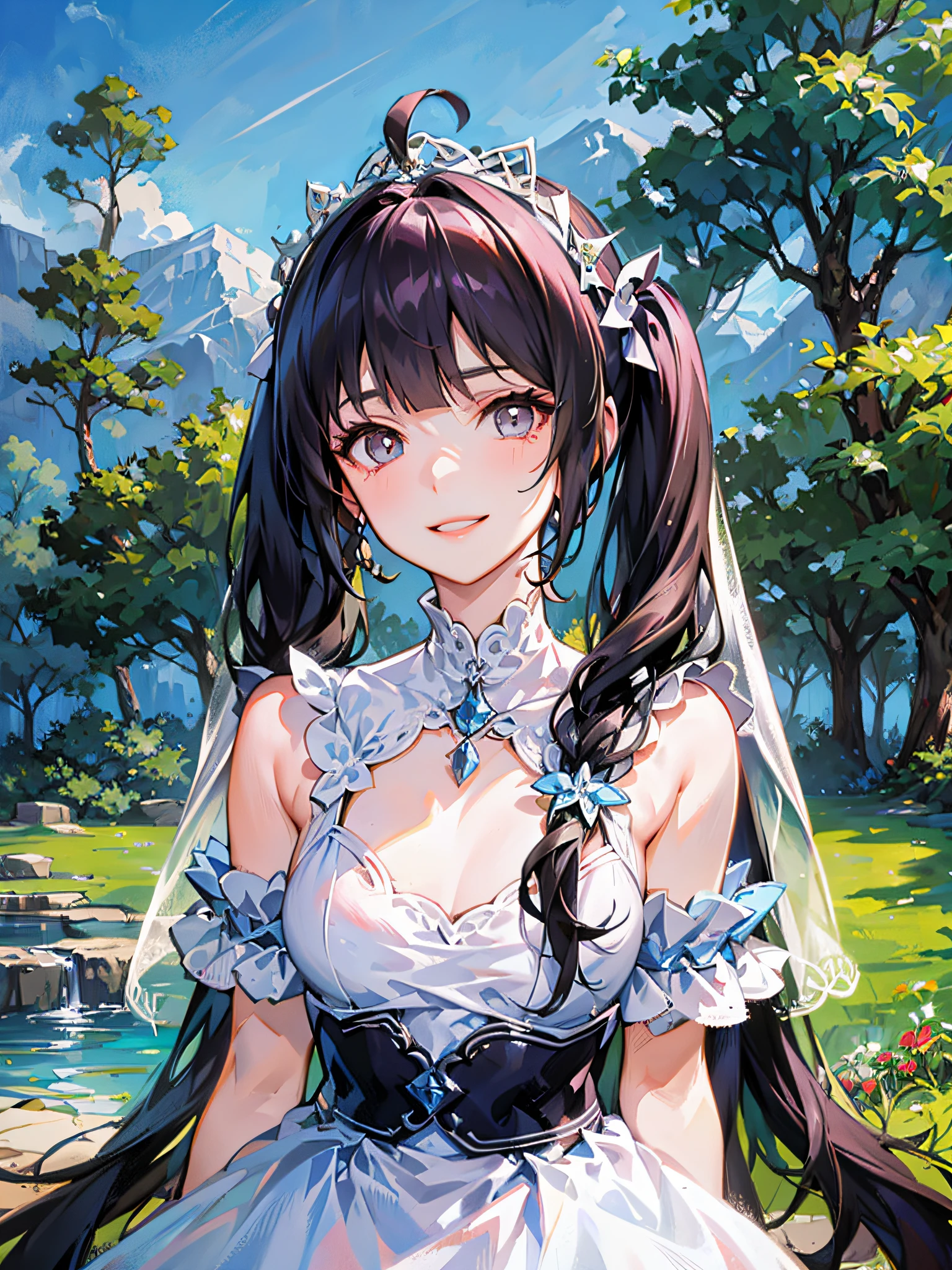 ((((Focus sharp,ssmile,Glaring,))))((pond scenery,))(Masterpiece illustration,Beautiful and beautiful:1.2,aiming at viewer,cow boy shot), Best quality at best,top-quality, Epic quality,((En plein air,))Neat face,((divine girl,young,beautifully detailed hair，middlebreast,))((brunette color hair))，hyper HD, retinas, ctextured skin, A high resolution,4K ，((veils,bluntbangs,mid hair,Long double ponytail,)),详细的脸,1个Giant Breast Girl,Alone, s the perfect face, Very amazing girl,{{{Pure white wedding dress,}}},rim-light,