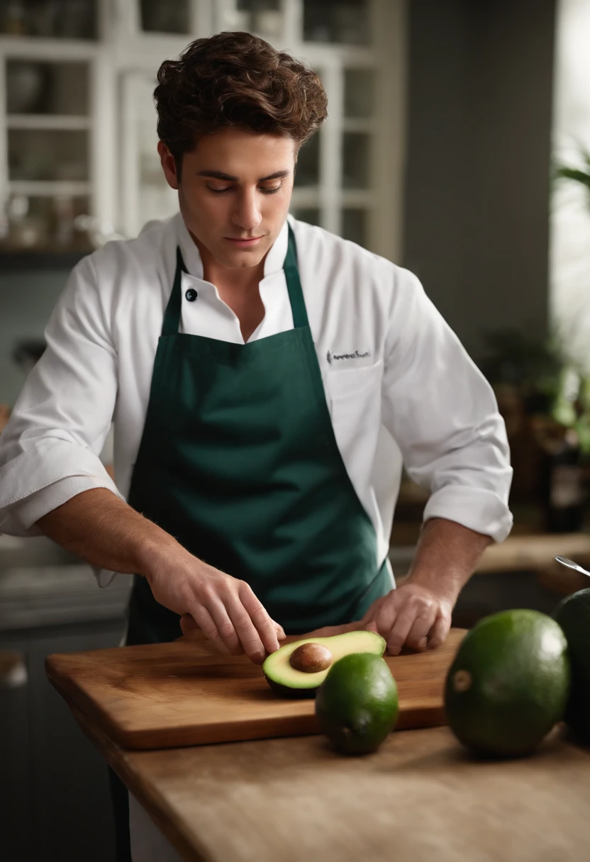 A photo of Carmy skillfully slicing a perfectly ripe avocado with precision,The Bear,Carmen “Carmy” Berzatto, portrayed by actor Jeremy Allen White, is a young chef with a lean and agile build, reflecting his bustling energy in the kitchen. He has a rugged, somewhat weary appearance, with short, tousled dark hair and intense, expressive eyes that often convey the weight of his personal and professional pressures. Carmy’s typical attire in “The Bear” includes a white chef’s coat or a simple t-shirt., male