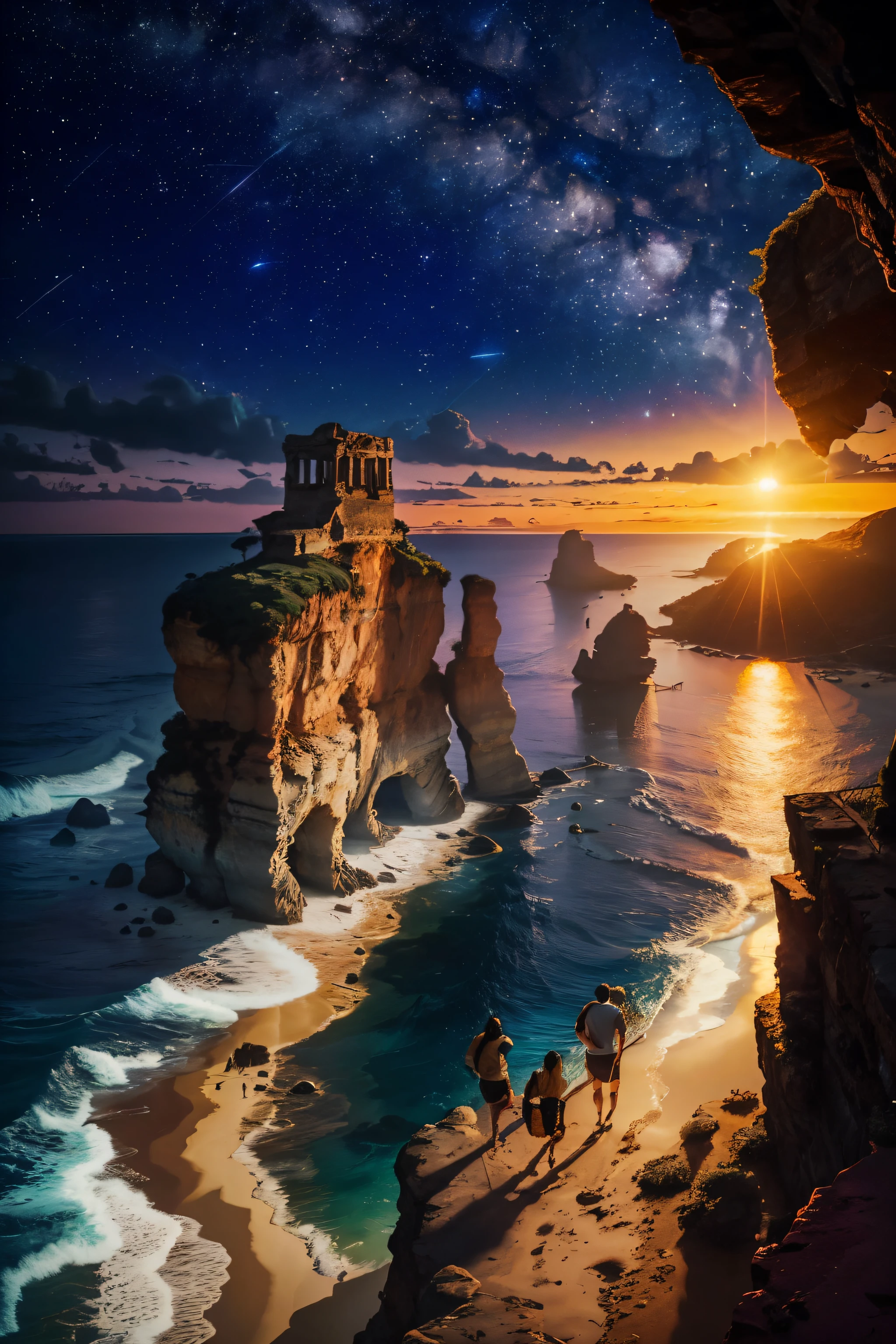 une aventure pittoresque avec des amis proches,Exploration de l’inconnu,(meilleur qualité,Haute résolution),(Couleurs vives:1.1),éclairage naturel,Paysage magnifique,les vagues de l'océan s'écrasent contre les rochers,Magnifique coucher de soleil à l’horizon,de grands arbres se balançant au gré du vent,une douce brise souffle dans l'herbe, du sable entre nos orteils,rire amical résonnant dans l'air,des moments de joie et de camaraderie parfaits,explorer des grottes cachées et des passages secrets,ruines antiques remplies de mystère et d'émerveillement,murmurant des secrets au vent,conversations profondes sous le ciel étoilé,déguster de délicieux plats près du feu de camp,raconter des histoires d'aventures passées,en regardant les étoiles scintillantes,connexion avec la nature,créer des souvenirs inoubliables avec des amis chers,étreinte d'amitié et sentiment d'appartenance,chérir la beauté du monde qui nous entoure