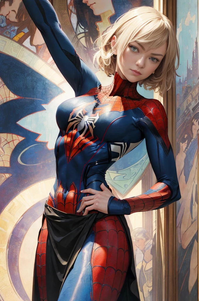 Yvonne Strahovski、Sticking out the navel、newyork、She wears a torn Spider-Man suit,wearing skirt、abstract photorealistic、artistic、Alphonse Mucha's painting(​masterpiece、top-quality、hight resolution:1.4)、detaileds、intricate-detail、4K、color splashes、line-drawing、Fibonacci、