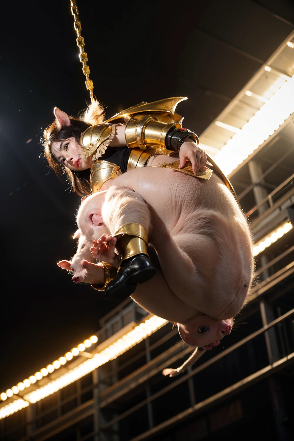 a flying pig,Dressed in gold armor,HD 4K,the detail