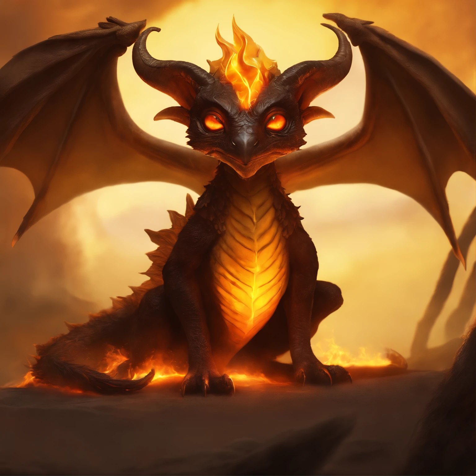 gremlin, swallow, two horns on the head, likeness of a dragon, leathery wings, Huge eyes, large ears, trunk-shaped nose, bright orange and brown, long tail, engulfed in yellow flames, flame clothing, Best Quality, Masterpiece, in style of dark fantasy art