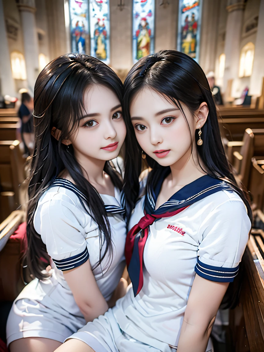 (Two schoolgirls)、Beautiful 18 year old Japan woman, (Two high school girls in short-sleeved white sailor suits:1.5), Japan strict girls' school sailor uniform, (Two schoolgirls sitting in a church pews:1.5), Beautiful and elaborate stained glass on the background, 1screen, 8K, 16 K, RAW shooting, top quality photo, ​masterpiece, Amazing realism photos, (facial close-up), Realistic portrait, (Two schoolgirls sitting in a church pews:1.5), Beautiful and elaborate stained glass on the background, emotive scenes from the movie), (Two high school girls staring at each other), two high school girls kissing, (Heightened emotions), (the kiss:1.2), (mouths touching), (Close-up of the face), (Tears flow from my closed eyes),student clothes、a sailor suit、embracing each other, (Shoot bust up:1.5)