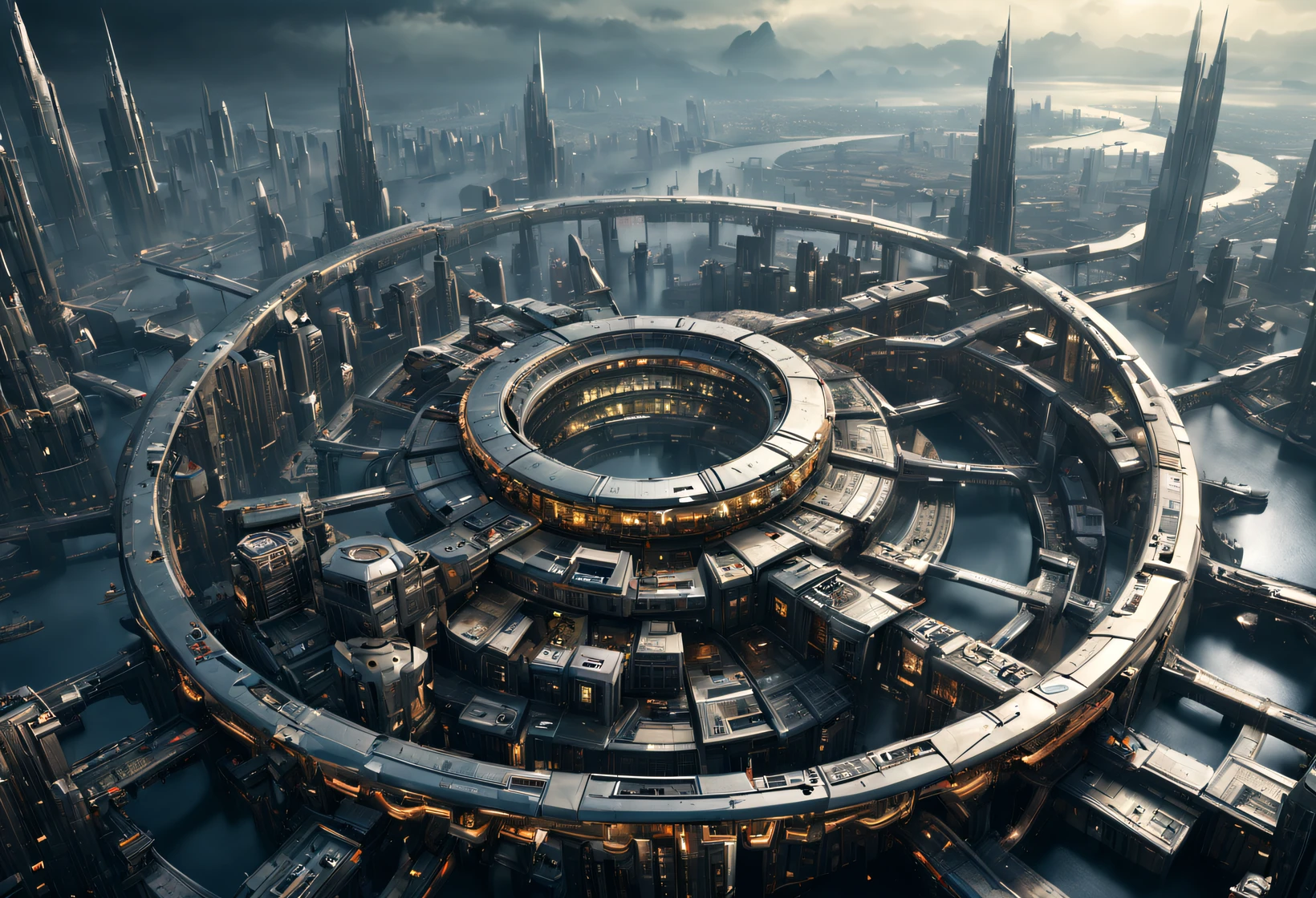 （Very unified cg scene design），（A ring-shaped future city suspended in the universe：1.1），（Nature and architecture are closely integrated）（The tech houses of the future are neatly arranged in a ring）Complex structure，Complex gears，The texture is clear，Intricate patterns，glyphic，Titanium Alloy，Sophisticated construction，Ultra-complex structures，future human city，sci-fy，cyber punk personage，