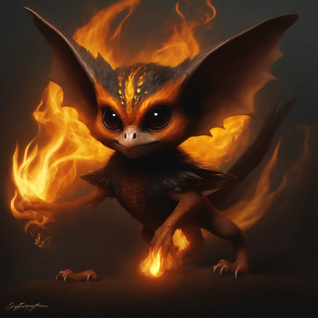 gremlin, like a swallow, swallow, Huge eyes, large ears, trunk-shaped nose, bright orange and brown, long tail, engulfed in yellow flames, flame clothing, Best Quality, Masterpiece, in style of dark fantasy art
