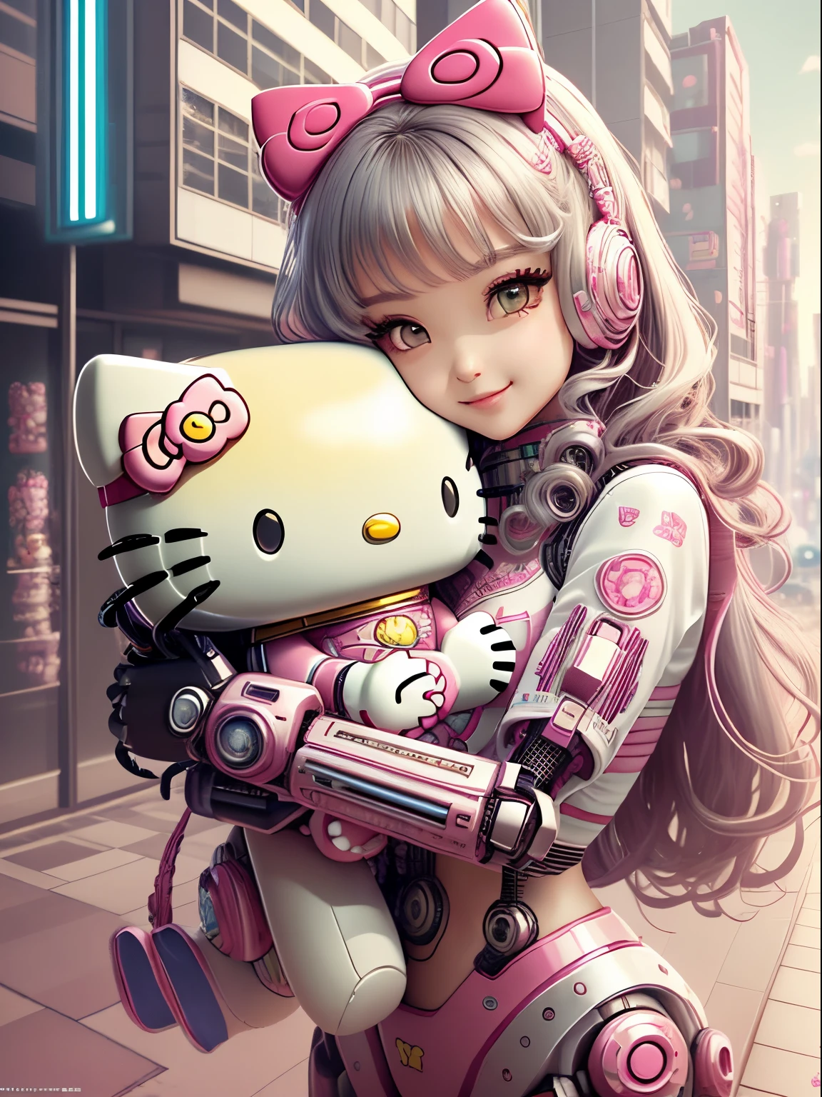 best quality, 4K wallpaper, masterpiece, extremely detailed CG unity 8k wallpaper, extremely detailed eyes, ultra-detailed, intricate details, 
1girl, scifi, (h1c4tt3ch mecha, hugging hello kitty doll, cyberpunk, neon city happy, smile, hello kitty, adorable, cute, dynamic pose