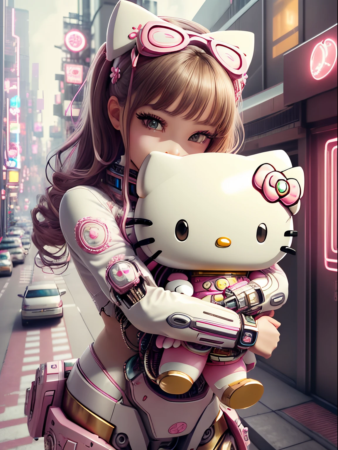 best quality, 4K wallpaper, masterpiece, extremely detailed CG unity 8k wallpaper, extremely detailed eyes, ultra-detailed, intricate details, 
1girl, scifi, (h1c4tt3ch mecha, hugging hello kitty doll, cyberpunk, neon city happy, smile, hello kitty, adorable, cute, dynamic pose