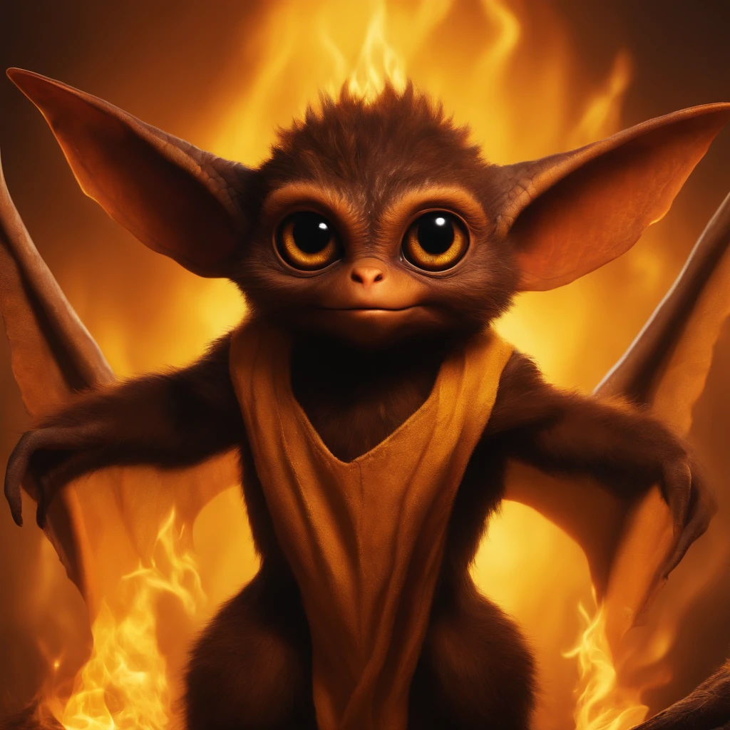 gremlin, like a swift, , Huge eyes, large ears, trunk-shaped nose, bright orange and brown, long tail, engulfed in yellow flames, flame clothes, Best Quality, Masterpiece, in style of dark fantasy art