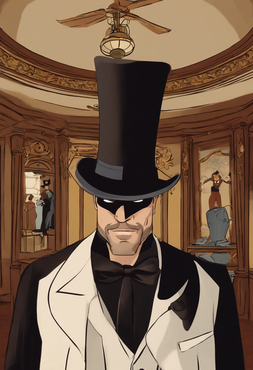A photo of Jervis standing in front of a large ornate mirror, wearing a top hat adorned with a spinning pinwheel and a vest covered in ticking clocks.,Batman: The Animated Series,Jervis is tall, wears a tweed suit and top hat, shoulder length curly brown hair and neat goatee. Famously portrayed by Benedict Samuel, male