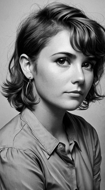 Realistic 80s photo on monochrome film; young plump Russian woman 38 years old, beautiful proportional round face, round cheeks, Round chin, Big shiny brown eyes, small snub-nose, eyeglasses, parted sensual lips, Serious, Tired look, calm pleasant smile, medium length brown thick tousled hair (80s punk hairstyle); short plump body(beautiful fullness), very small breasts with large nipples (Nipple erection), without underwear, White translucent silk shirt with a loose fit and top button undone......., A tired look at the camera, (upper-body), natural light; Monochrome image