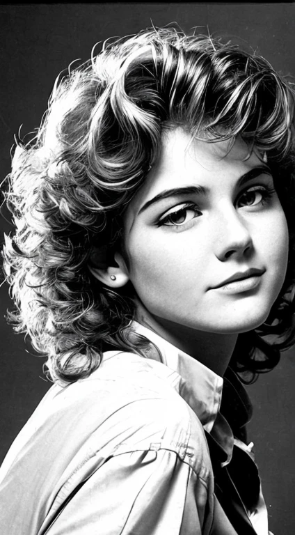Realistic 80s photo on monochrome film; young plump Russian woman 38 years old, beautiful proportional round face, round cheeks, Round chin, Big shiny brown eyes, small snub-nose, eyeglasses, parted sensual lips, Serious, Tired look, calm pleasant smile, medium length brown thick tousled hair (80s punk hairstyle); short plump body(beautiful fullness), very small breasts with large nipples (Nipple erection), without underwear, White translucent silk shirt with a loose fit and top button undone......, A tired look at the camera, (upper-body), natural light; Monochrome image