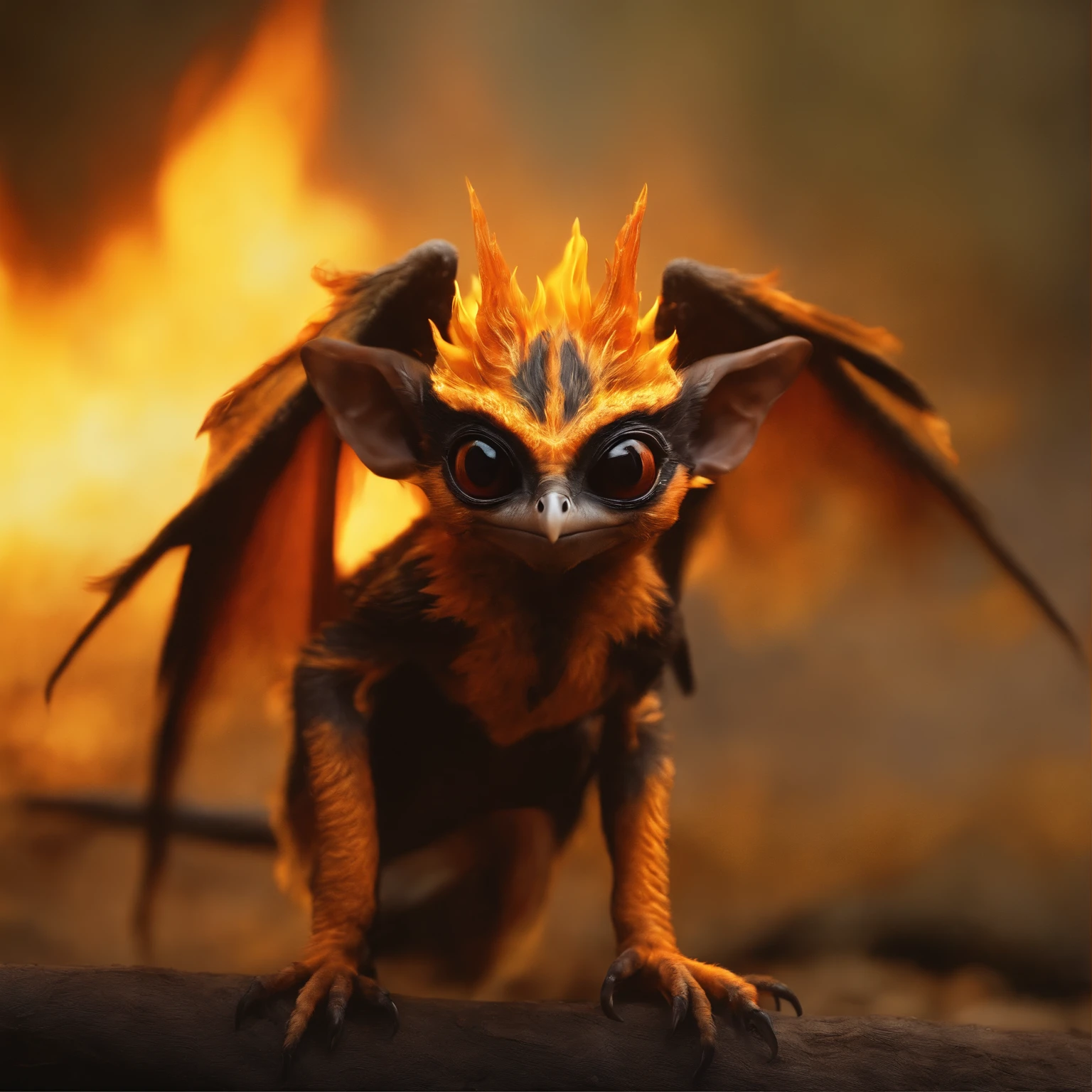 gremlin, like a swallow, swallow, Huge eyes, large ears, trunk-shaped nose, bright orange and brown, long tail, engulfed in yellow flames, flame clothing, Best Quality, Masterpiece, in style of dark fantasy art