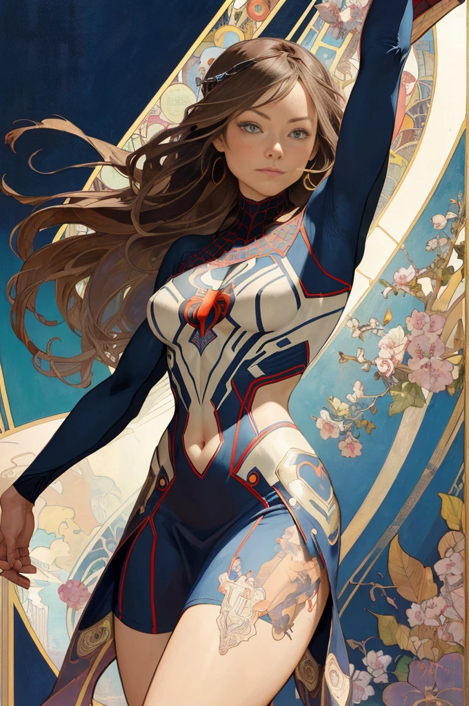 Olivia Wilde、Sticking out the navel、newyork、She wears a torn Spider-Man suit,wearing skirt、abstract photorealistic、artistic、Alphonse Mucha's painting(masterpiece、top-quality、hight resolution:1.4)、detaileds、intricate-detail、4K、color splashes、line-drawing、Fibonacci、