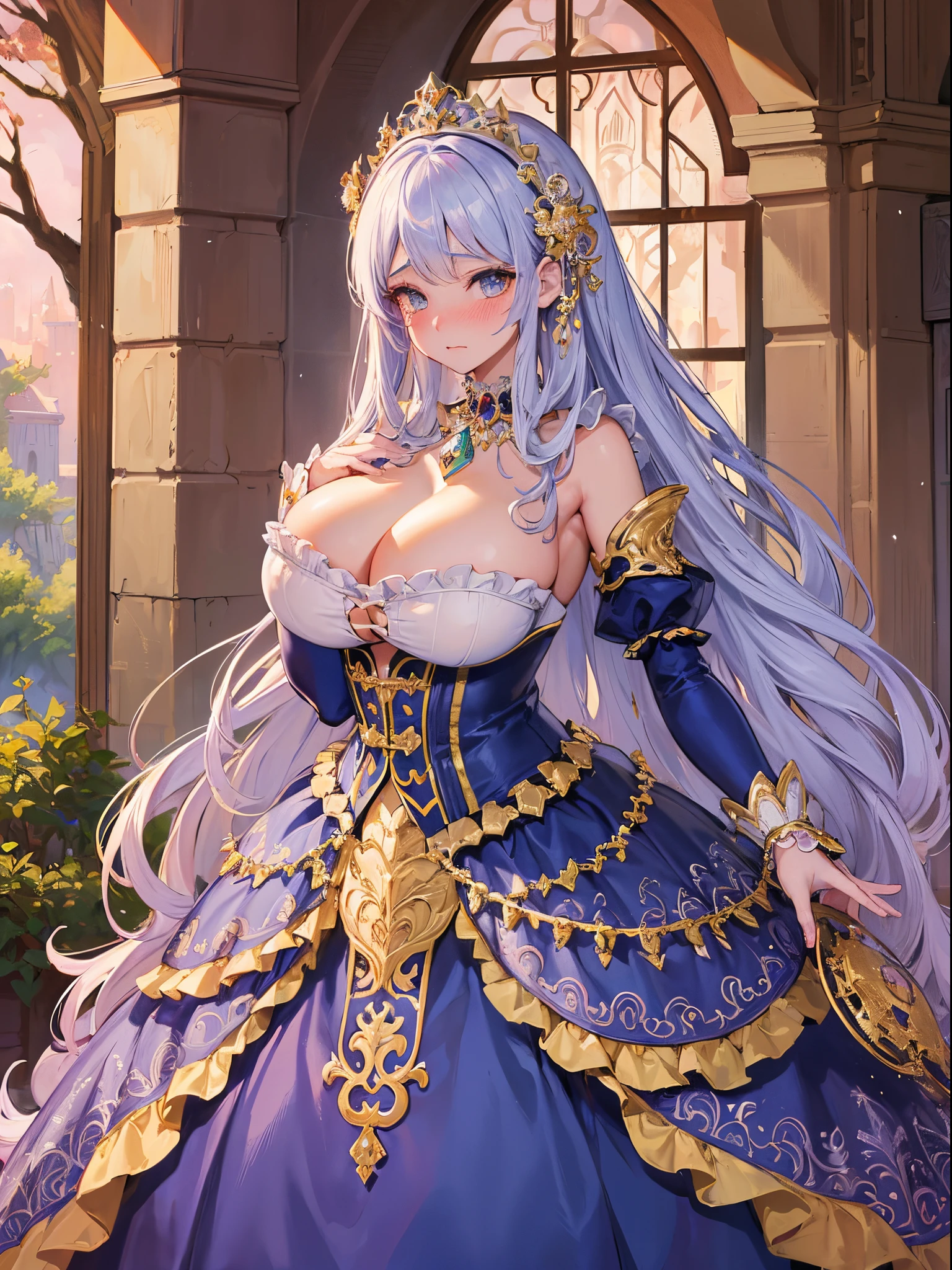 ultra-detailed, extremely detailed,((anime artstyle)),Masterpiece,(Best Quality),(Super Detail),(Very Delicate and Beautiful),cinematic lighting,((Solo)),(((full body))),full body,((detailed face and eyes)),perfect eyes, rendered eyes,jewel-like beautiful eyes,cry,((embarrassed,blush)),((1 princess in beautiful embroidery and jeweled gorgeous rococo ballgown with frilled voluminous full length hoop skirt)),((Crinoline)),beautiful embroidery and jeweled gorgeous rococo ballgown with frilled voluminous full length hoop skirt,(large amount of straight hair,extremely voluminous Very Long straight Hair,Absolutely Long Straight Hair),sparkly skin,(((very gigantic boobs))),skindentation,Bursting breasts,cleavage,((fantasy castle,outdoors,outside the castle)),long_gloves,extremely gorgeousfull jeweled hair ornament,(bling-bling extremely gorgeousfull jeweled tiara),(luxurious jewelry),full body,beautiful embroidery and jeweled gorgeous rococo ballgown with frilled voluminous full length hoop skirt