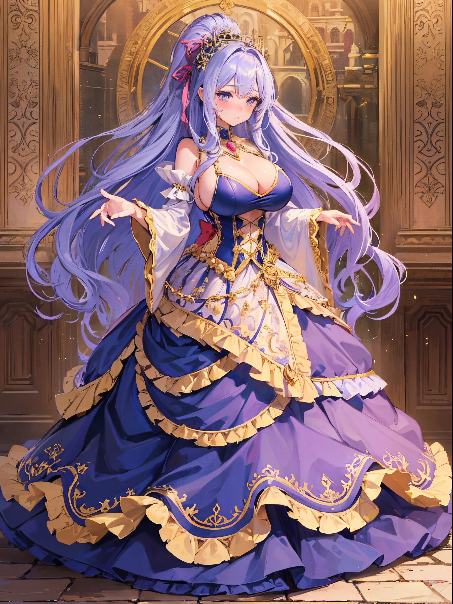 ultra-detailed, extremely detailed,((anime artstyle)),Masterpiece,(Best Quality),(Super Detail),(Very Delicate and Beautiful),cinematic lighting,((Solo)),(((full body))),full body,((detailed face and eyes)),perfect eyes, rendered eyes,jewel-like beautiful eyes,cry,((embarrassed,blush)),((1 princess in beautiful embroidery and jeweled gorgeous rococo ballgown with frilled voluminous full length hoop skirt)),((Crinoline)),beautiful embroidery and jeweled gorgeous rococo ballgown with frilled voluminous full length hoop skirt,(large amount of straight hair,extremely voluminous Very Long straight Hair,Absolutely Long Straight Hair),sparkly skin,(((very gigantic boobs))),skindentation,Bursting breasts,cleavage,((fantasy castle,outdoors,outside the castle)),long_gloves,extremely gorgeousfull jeweled hair ornament,(bling-bling extremely gorgeousfull jeweled tiara),(luxurious jewelry),full body,beautiful embroidery and jeweled gorgeous rococo ballgown with frilled voluminous full length hoop skirt