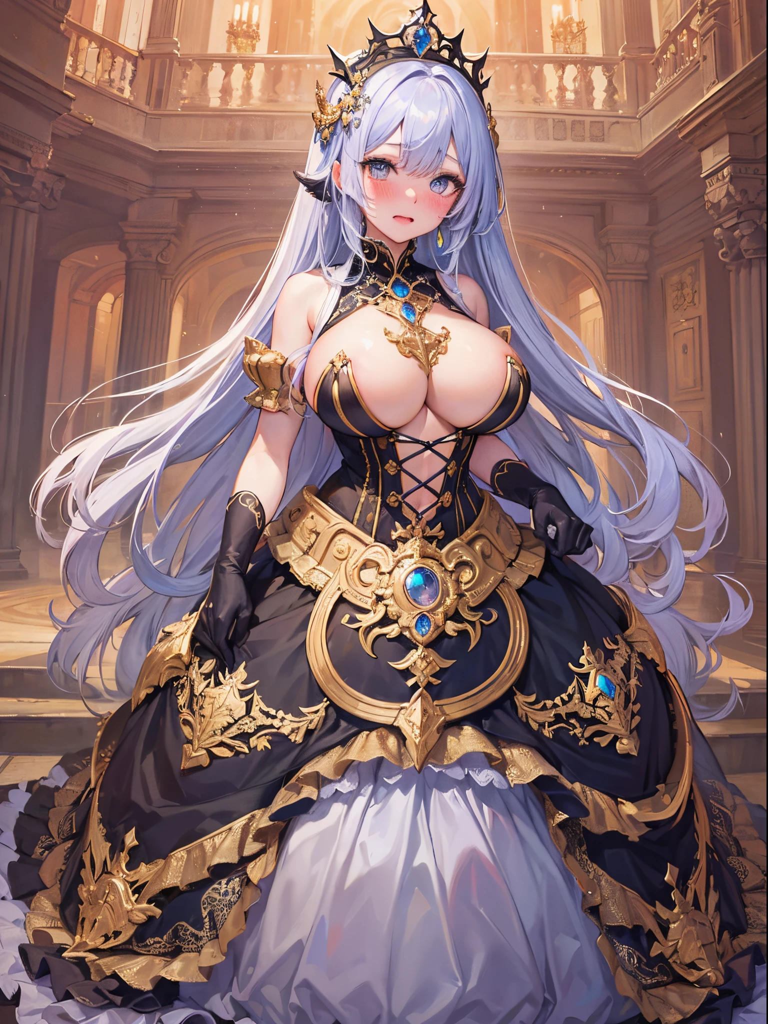 ultra-detailed, extremely detailed,((anime artstyle)),Masterpiece,(Best Quality),(Super Detail),(Very Delicate and Beautiful),cinematic lighting,((Solo)),(((full body))),full body,((detailed face and eyes)),perfect eyes, rendered eyes,jewel-like beautiful eyes,cry,((embarrassed,blush)),((1 princess in beautiful embroidery and jeweled gorgeous rococo ballgown with frilled voluminous full length hoop skirt)),((Crinoline)),beautiful embroidery and jeweled gorgeous rococo ballgown with frilled voluminous full length hoop skirt,(large amount of straight hair,extremely voluminous Very Long straight Hair,Absolutely Long Straight Hair),sparkly skin,(((very gigantic boobs))),skindentation,Bursting breasts,cleavage,((fantasy castle,outdoors,outside the castle)),long_gloves,extremely gorgeousfull jeweled hair ornament,(bling-bling extremely gorgeousfull jeweled tiara),(luxurious jewelry),full body,beautiful embroidery and jeweled gorgeous rococo ballgown with frilled voluminous full length hoop skirt