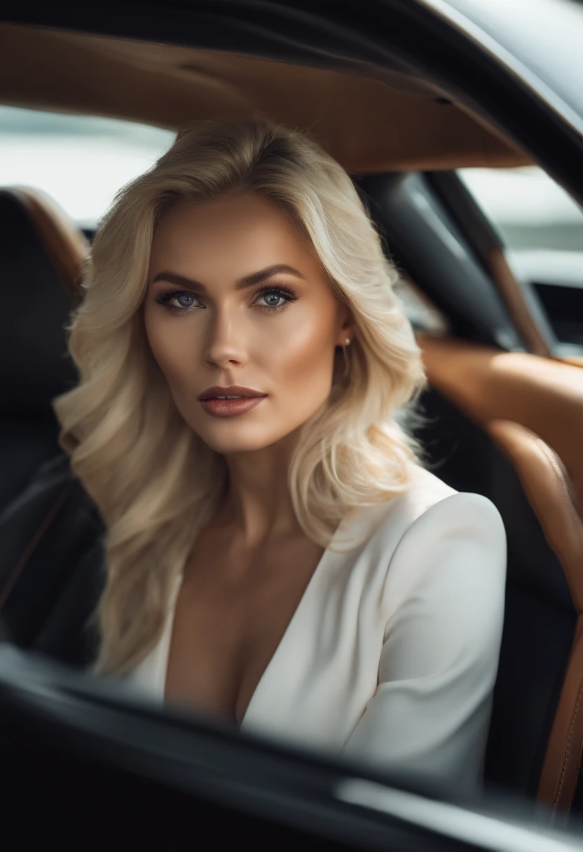 a woman  blonde driving a luxury car, blonde hair, sports type.