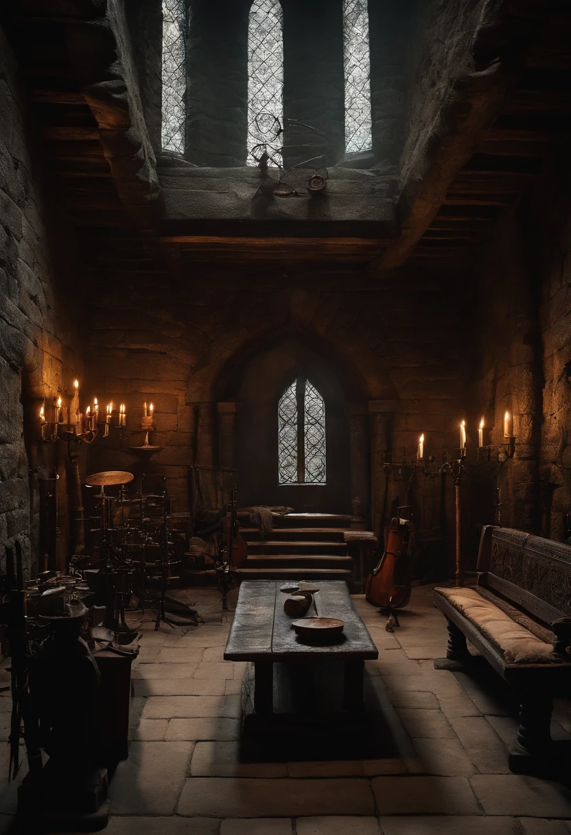A photo of a dark and ominous torture chamber with various menacing instruments scattered around.,Game of Thrones TV series,Ramsay has shaggy brown hair and cold grey eyes, dressed in medieval winter attire. Famously portrayed by Iwan Rheon, male
