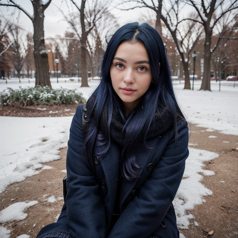 (nonsalemwitch) a portrait of a beautiful woman, dark blue hair, blue eyes, winter outfit, fine - art photography, soft portrait sot 8 k, mid length, ultrasonic uhd faces, unsplash, kodak ultra max 800, 85 mm, intricate, casual pose, centred symmetrical composition, stunning photos, masterpiece, grainy, centred composition, sitting at a park