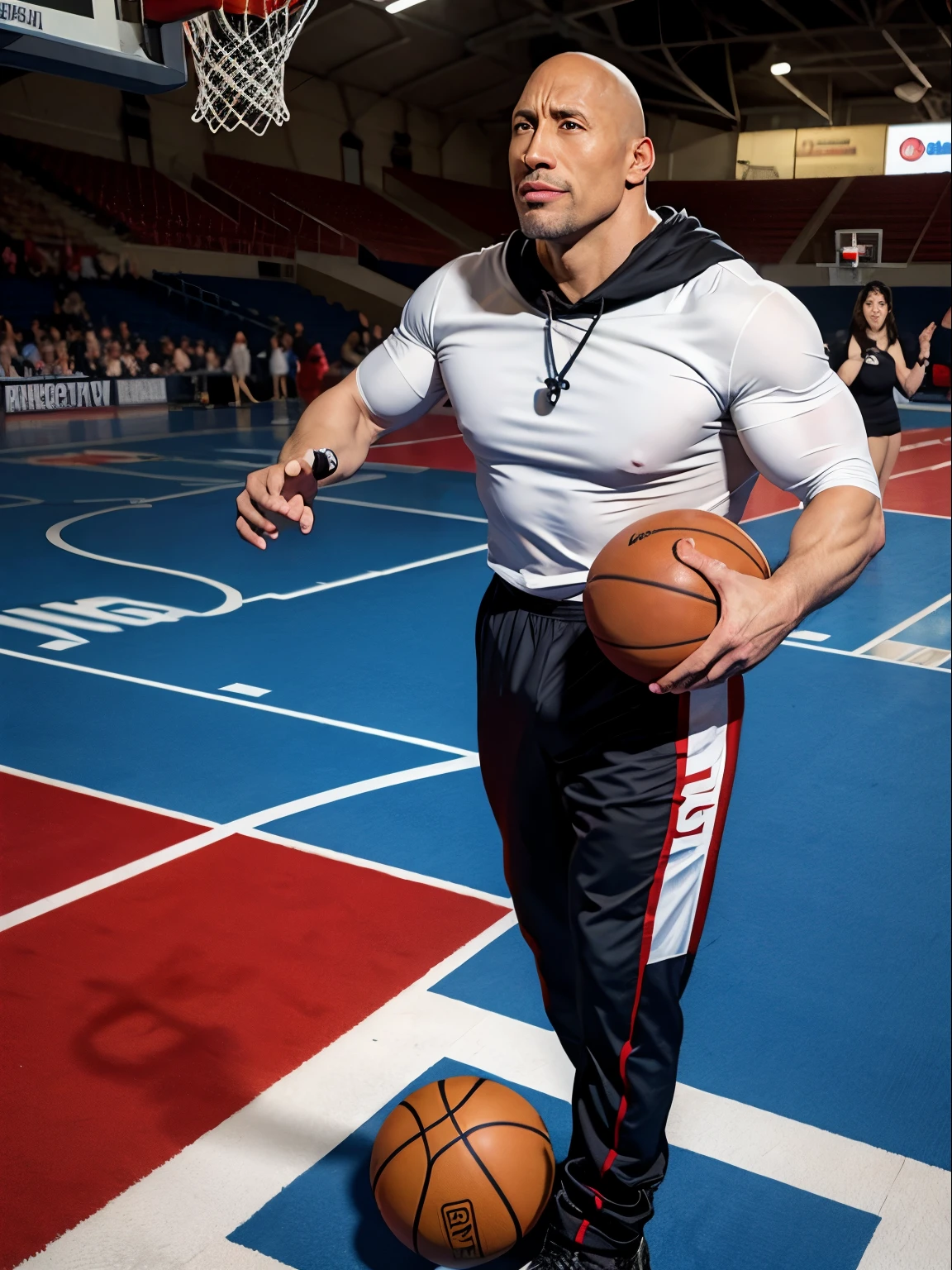 Dwayne Johnson stood on the basketball court and caught a basketball