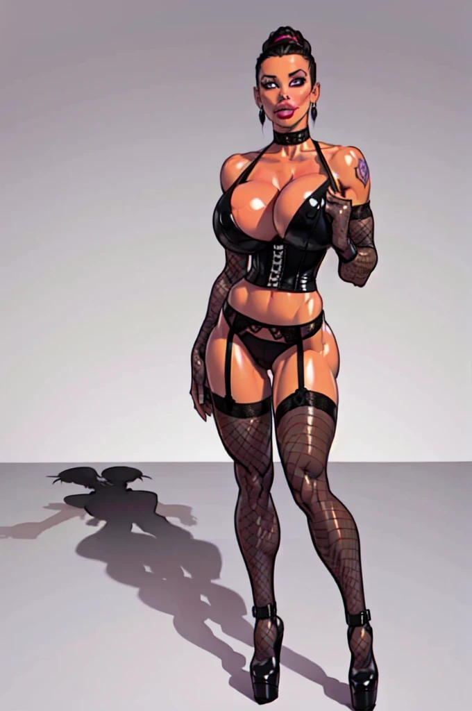 gothic 1girl, solo wearing a black leather corset with laces and belts, large boots,ribbon, lipstick, pale skin, dark purple hair, braided ponytail, perfect anatomy dominatrix, slender figure , toned body, slendered abs, ((black garter belt on hips)), midriff exposed, ((squeezed cleavage:1.2)), hourglass waist, angular face, defined cheekbones, (fishnet stockings, gothic print, imprinted skulls:1.2), dark gauntlets, heavy makeup, choker, collar, shadow over eyes, looking at viewer, masterpiece, black thigh highs, black lingerie, boots, high heels, white background