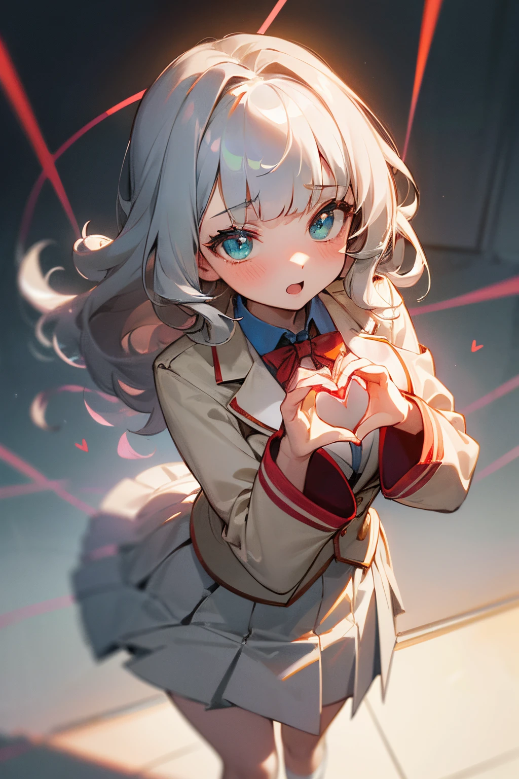 ((Masterpiece)), (Professional Photography:1.2), (High Definition:1.3), best quality, 8K, (from above), Textured skin, cinematic lighting, (1girl), short stature, ((cute teenage young girl)), (very blunt bangs, slightly loose curls hair, breasts length hair, high details of pale silver hair), (very flustered look), brilliant green eyes, drooping eyes, ((heart shaped hands)), slender waist, undress slovenly, (pale Ivory color blazer student's uniform, white blouse, brown skirt), blue cityscape, red string ribbon