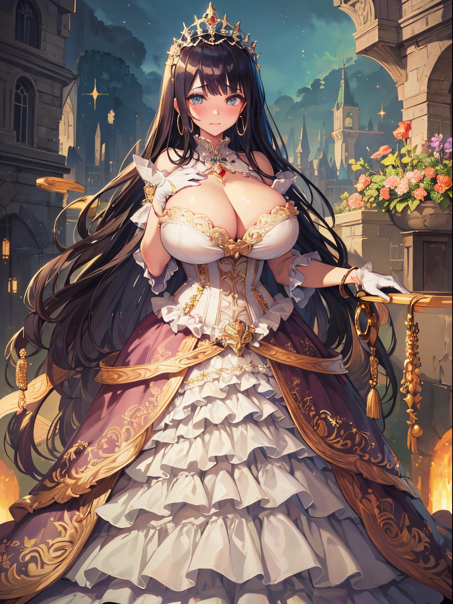 ultra-detailed, extremely detailed,((anime artstyle)),Masterpiece,(Best Quality),(Super Detail),(Very Delicate and Beautiful),cinematic lighting,((Solo)),(((full body))),full body,((detailed face and eyes)),perfect eyes, rendered eyes,jewel-like beautiful eyes,cry,((embarrassed,blush)),((1 princess in beautiful embroidery and jeweled gorgeous rococo ballgown with frilled voluminous full length hoop skirt)),((Crinoline)),beautiful embroidery and jeweled gorgeous rococo ballgown with frilled voluminous full length hoop skirt,(large amount of straight hair,extremely voluminous Very Long straight Hair,Absolutely Long Straight Hair),sparkly skin,(((very gigantic boobs))),skindentation,Bursting breasts,cleavage,((fantasy castle,outdoors,outside the castle)),long_gloves,extremely gorgeousfull jeweled hair ornament,(bling-bling extremely gorgeousfull jeweled tiara),(luxurious jewelry),full body,beautiful embroidery and jeweled gorgeous rococo ballgown with frilled voluminous full length hoop skirt