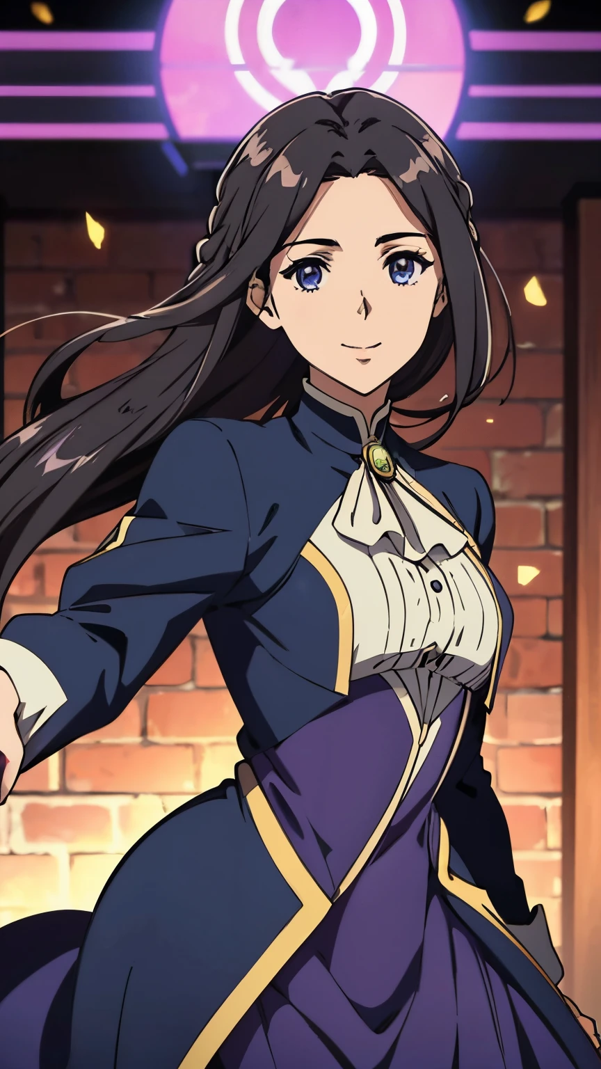 Violet Evergarden anime, One girl with black hair, hair lenght until bust, straight hair, hair parted in center of head, round face. hairstyle with a center part, that the hair should be parted down the middle, creating a symmetrical look without any frontal hair covering the forehead. Pretty dress. Smiling. Standing. Happy. Letters, smile, purple dress. Perfect dress, jacket, vibrant, happy, cheerful,