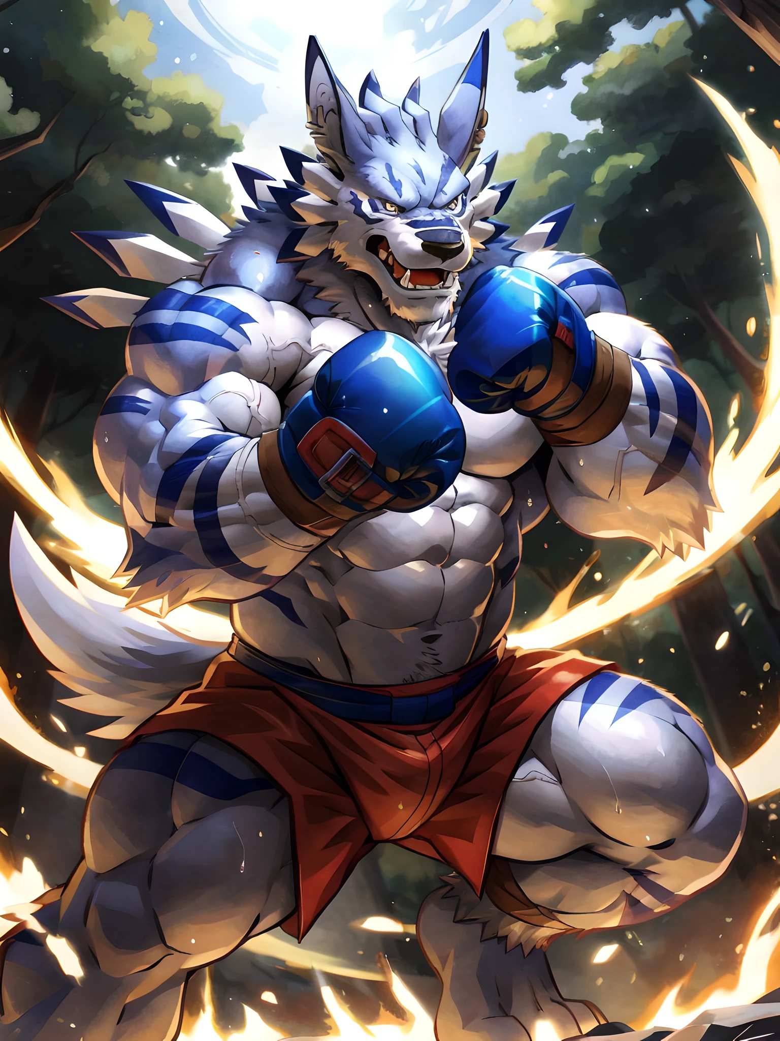 ultra quality:1.4, 4k, high resolution, best quality, color, smooth comics style, takemoto_arashi style, wfa style, solo, weregarurumon:1.0, muscles:1, heavyweight, massive build, vascular veins, anime martial arts, sweat:1.2, strong:1, masculine, (in a forest), fighting scene, dynamic scene, (wearing boxing gloves, detailed boxing gloves:1.1), detailed, detailed face, detailed eyes