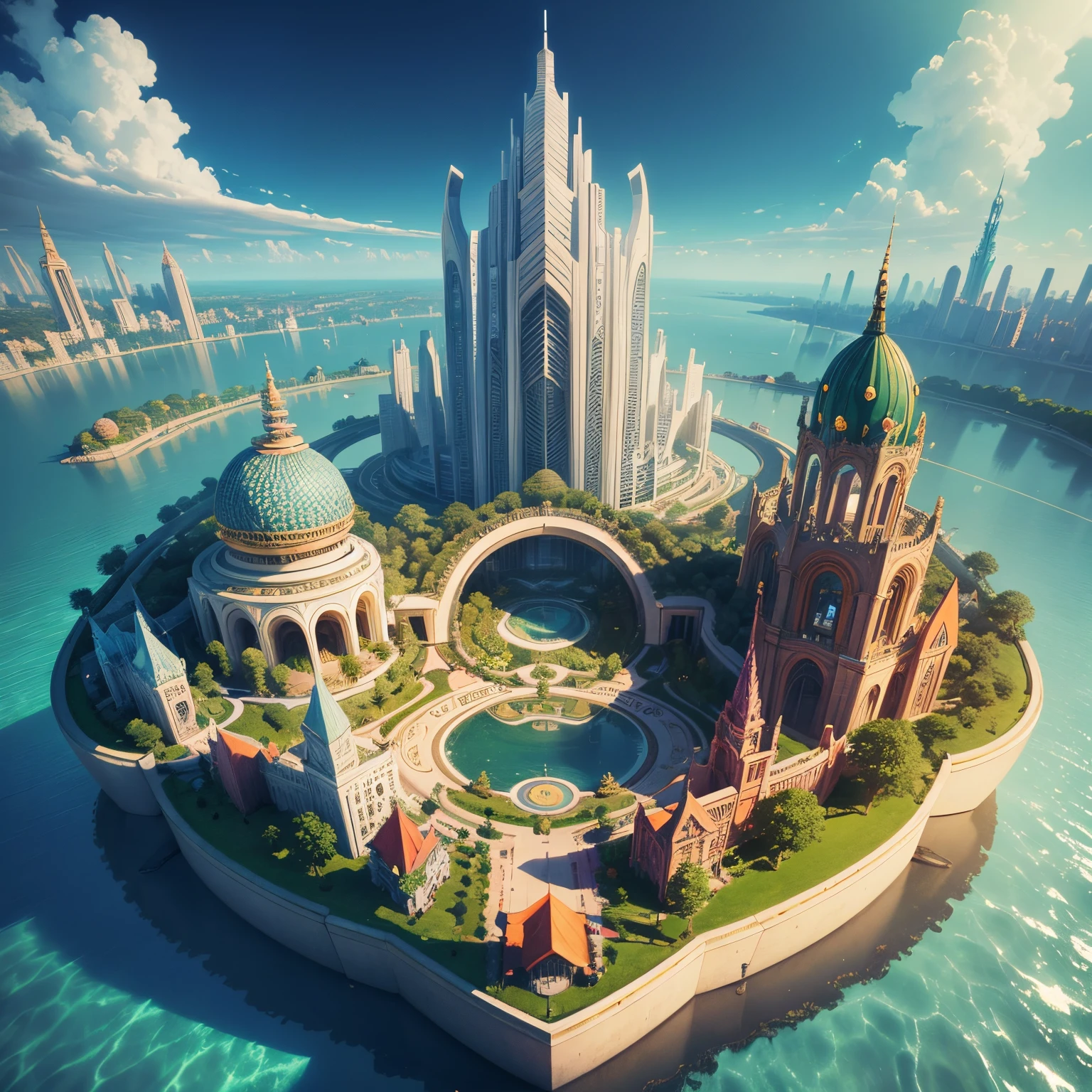 Fantastic picture with an isometric view of a strange unusual utopian city with flowing curved architecture, openwork towers and flowering gardens, openwork architecture, Blooming gardens, Bright colors, 3d, Utopia, That is ok, fairytale dream city, higly detailed