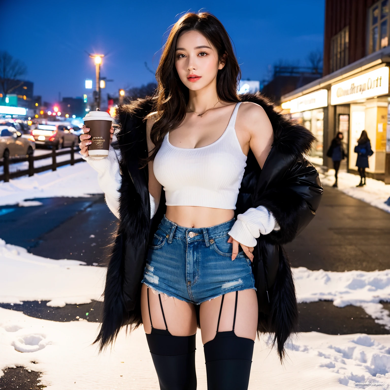 (realistic, high resolution:1.3), 1 girl with perfect figure, super fine face and eyes, long hair, big breasts, Standing by a snowy city street, wearing a fitted black tank top paired with a stylish faux fur jacket, skinny jeans, ankle boots, and sheer patterned stockings. Open legs for a confident stance, tousled winter waves, holding a hot cup of cocoa or coffee, city lights sparkling in the snowfall