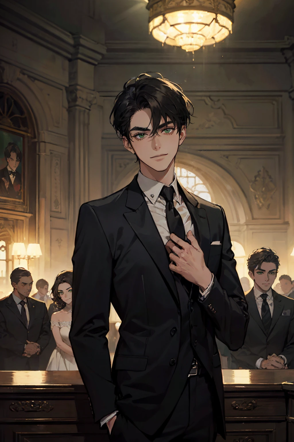 ((One young man with a black suit and tie)), alejandro, (((one side swept dark short neat hair))), ( green eyes and thick eyebrows), ((20 years old)), ((masterpiece)), ((cinematic lighting)), relax look and smirk, waiting for someone
