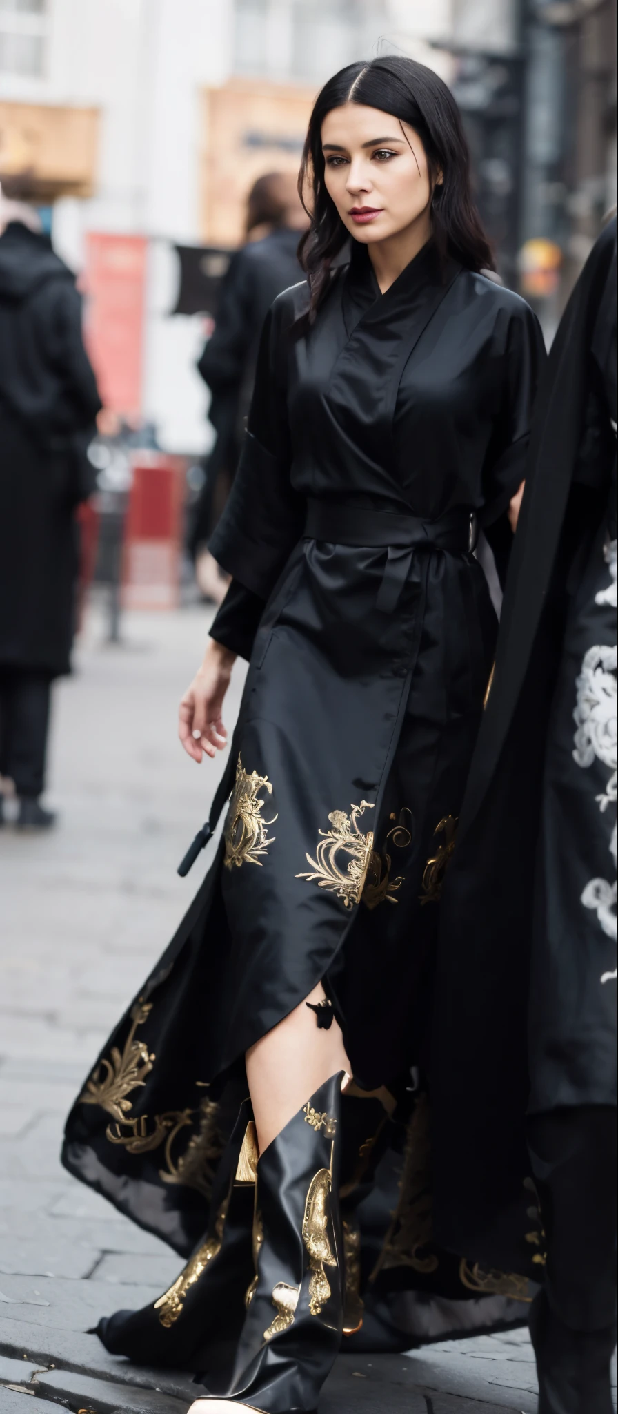 Woman in black coat and dress walking down the street with umbrella, intricate hakama, Wearing a dark robe with gold embellishments, black cloak from neck to ankles, black leather robes! iintricate, Wear a hakama, Wearing black silk robe, wearing fancy clothes, ornate cyberpunk robes, wearing dark silk robe, wearing black silk robe, wearing dark robe, robe. extremly high detail