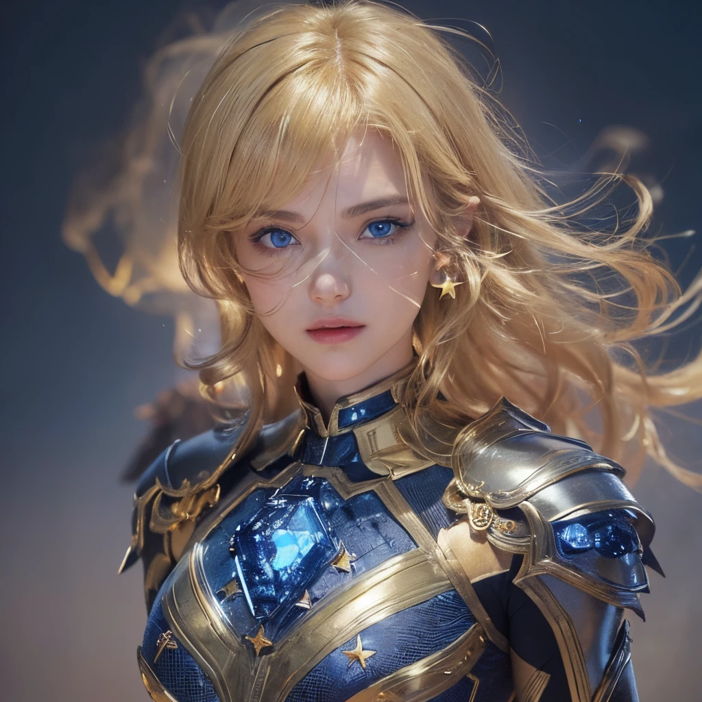 ((masterpiece)), 8k cg, best quality, intricate details, chromatic aberration, ((bust shot)), ((looking at the viewer)), 1girl, Arabian, ((Character((Older Woman)), confident smile, closed mouth, thin lips)), ((Narrow eyes, hyper detailed eyes, (((sapphire blue eyes))))), lens flare, ((chiseled facial features, tom boy, ((sharp eyes, strong face, mature, fierce facial features)), strong jaw, square jaw, skinny face, thick eyebrows, (short hair, ((golden blonde color)), choppy bangs, shiny hair,), full of life, ((Cybernetic armor, body suit)), ((very small Breasts, flat chest, wide shoulders, super muscular boyish figure, thin neck)), absurdres, cinematic lighting, dynamic lighting, fantasy, ((dark background, stars, fog))