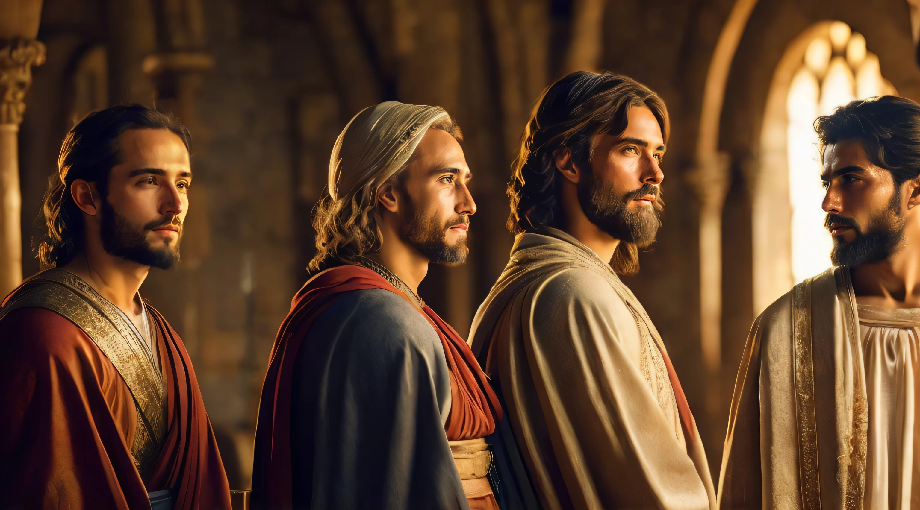 Ancient Israel、Biblical times、1st century、(((The disciples listen to the short-haired Christ)))、8K、Raw photography、top-quality、masterpiece:1.5、ultra-lightweighthigh-resolution、Photorealsitic:1.5、ciinematic light、soft volumetric lighting:1.5、realisitic、Photorealsitic:1、Detailed skin、profetional lighting、a picture、foco nítido、detaileds、profetional lighting、photon maping、detailed and intricate environment、ighly detailed、top-quality、Artistic photography、photorrealistic concept art、soft natural volumetric cinematic perfect light、Midjourney、Detailed hand、
