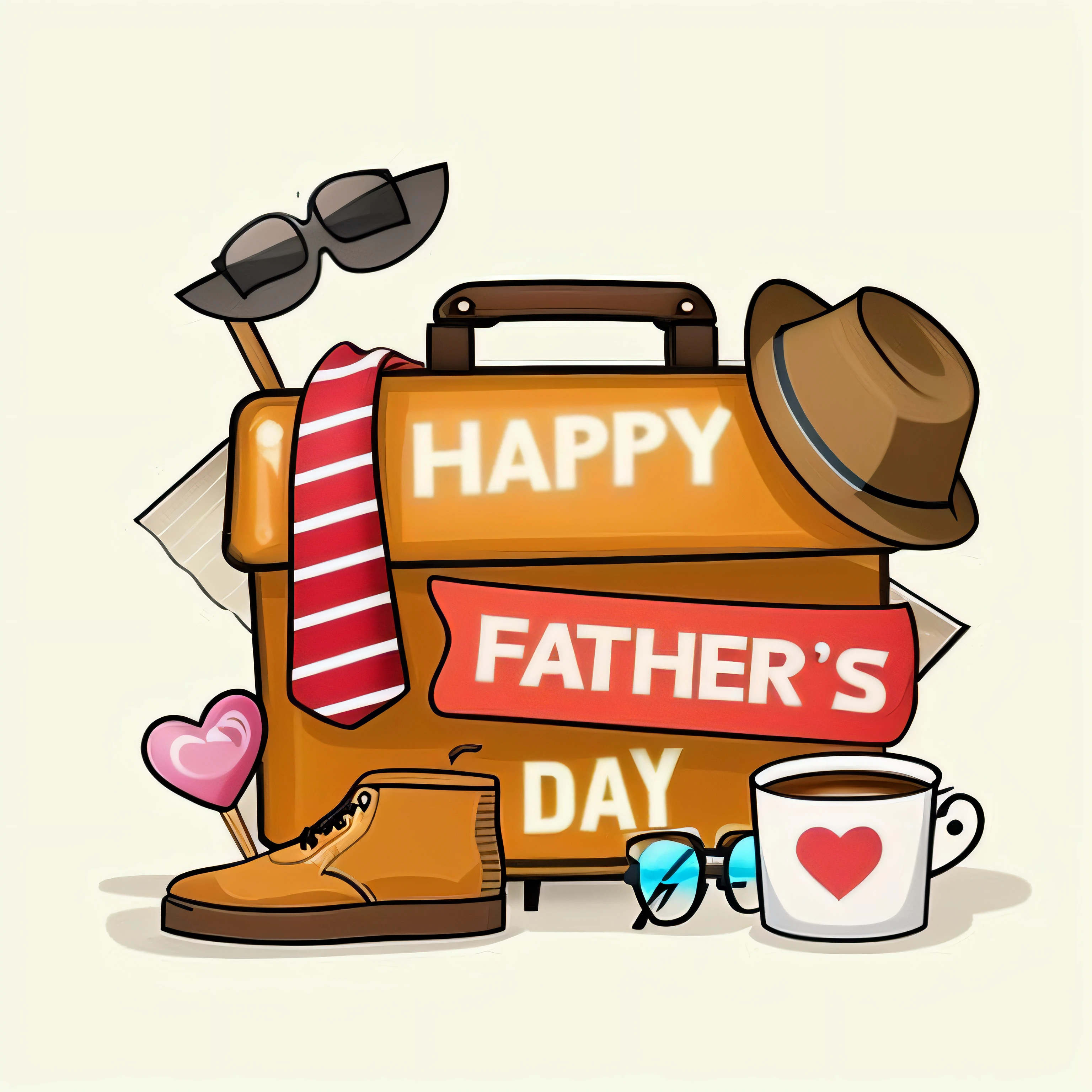 a suitcase with a hat, a cup of coffee and a hat on it, glasses, moustacheو father, dad, 🚿🗝📝, 🤬 🤮 💕 🎀, clipart, daddy, 🪔 🎨;🌞🌄, drawn image, ❤🔥🍄🌪, pixabay, happy, profile pic, 🔥 😎 🕹️ 👀 :2