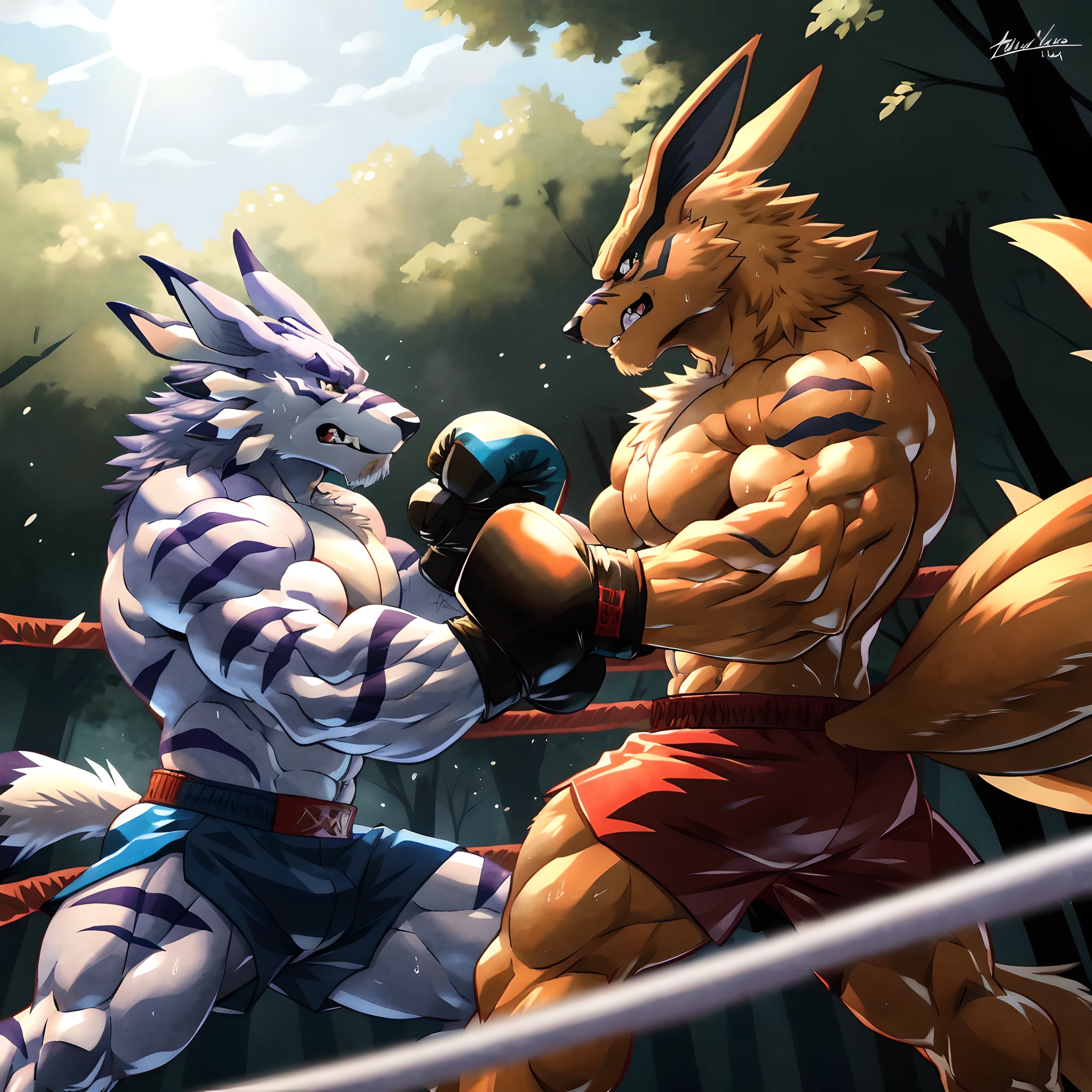 ultra quality:1.4, 4k, high resolution, best quality, color, smooth comics style, takemoto_arashi style, wfa style, two characters, kurama:1.1, weregarurumon:1.1, kurama and weregarurumon boxing, muscles:1, heavyweight, massive build, vascular veins, anime martial arts, sweat:1.2, strong:1, masculine, (boxing ring in a forest), fighting:1 scene, punching, throwing blows, dynamic:1 scene, punching chest, (wearing boxing gloves, detailed boxing gloves:1.1), detailed, detailed face, detailed eyes