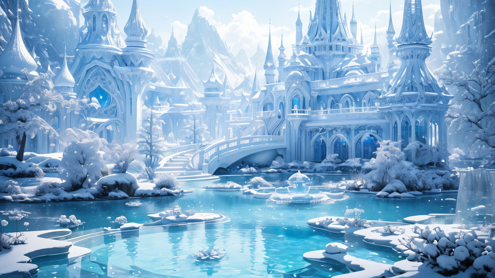 (Best quality,4K,8K,A high resolution,tmasterpiece:1.2),(All white world)，ultra - detailed,Blue and white tones,Utopian world,Highly detailed and intricate masterpiece，baiyun，featheredwings，Radiant，fountain crystal pure white transparent gothic transparent architecture，floating transparent wonderland