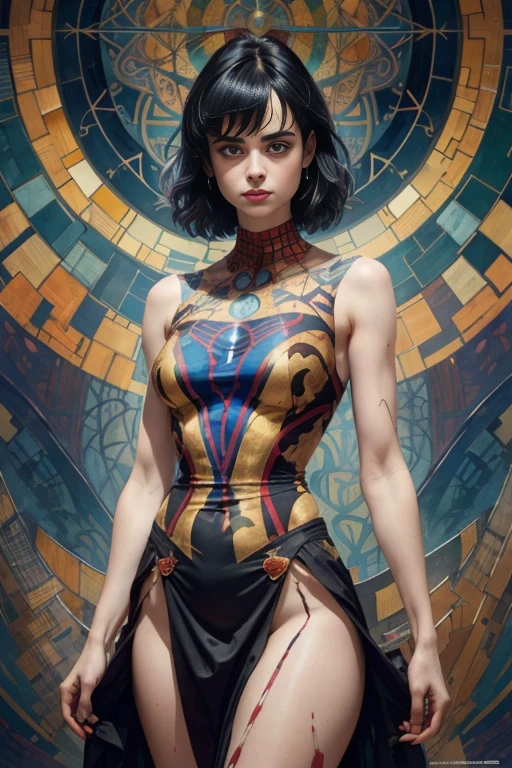 krysten ritter、Sticking out the navel、newyork、She wears a torn Spider-Man suit,wearing skirt、abstract photorealistic、artistic、Alphonse Mucha's painting(masterpiece、top-quality、hight resolution:1.4)、detaileds、intricate-detail、4K、color splashes、line-drawing、Fibonacci、