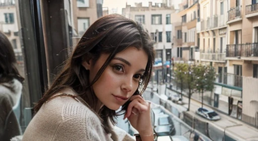 Une scène hivernale capturée avec authenticité : une femme latino d'environ 30 ans, vêtue de façon décontractée mais élégante, se prend en photo devant un miroir sur une terrasse enneigée à Madrid. Ses cheveux bruns légèrement ondulés encadrent son visage, exprimant le mélange de sophistication et de détente. La lumière douce du jour met en valeur le charme naturel de la scène, capturant l'essence moderne et chaleureuse de l'hiver urbain