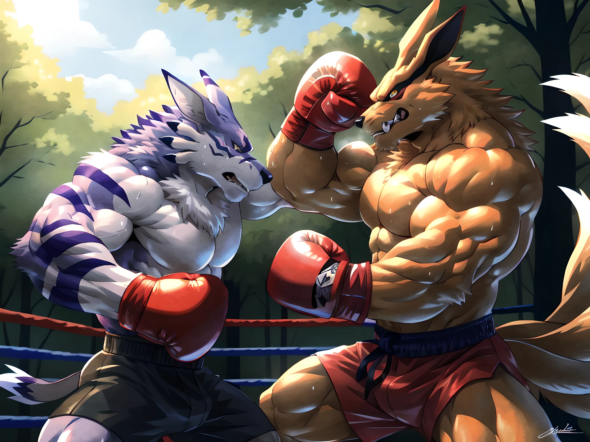 ultra quality:1.4, 4k, high resolution, best quality, color, smooth comics style, takemoto_arashi style, wfa style, two characters, kurama:1.1, weregarurumon:1.1, kurama and weregarurumon boxing, muscles:1, heavyweight, massive build, vascular veins, anime martial arts, sweat:1.2, strong:1, masculine, (boxing ring in a forest), fighting:1 scene, punching, throwing blows, dynamic:1 scene, punching chest, (wearing boxing gloves, detailed boxing gloves:1.1), detailed, detailed face, detailed eyes