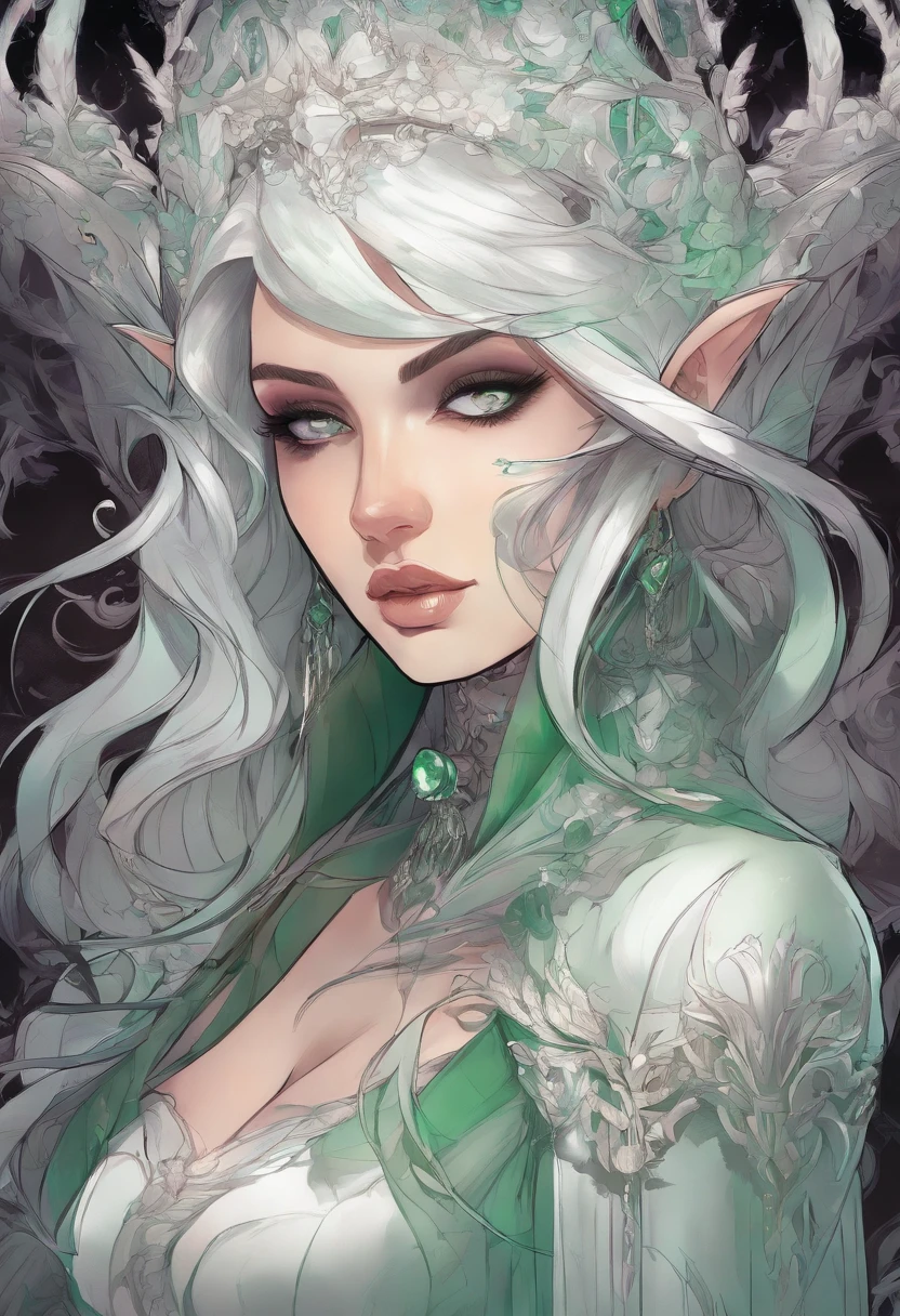 a close up of a woman in a costume with white hair and ((green glowing eyes)), lois van baarle and rossdraws, artgerm and lois van baarle, artgerm and rossdraws, rossdraws cartoon vibrant, beautiful succubus, ross tran style, rossdraws 2. 5, inspired by Ross Tran, halloween art style, extremely detailed artgerm