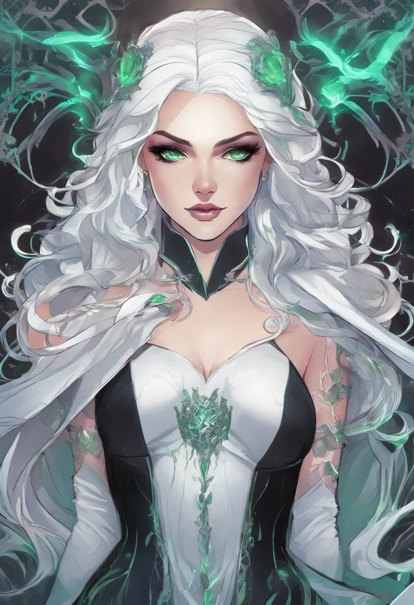 a close up of a woman in a costume with white hair and ((green glowing eyes)), lois van baarle and rossdraws, artgerm and lois van baarle, artgerm and rossdraws, rossdraws cartoon vibrant, beautiful succubus, ross tran style, rossdraws 2. 5, inspired by Ross Tran, halloween art style, extremely detailed artgerm