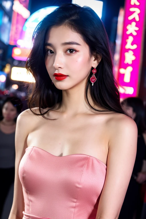 full bodyesbian，Beautie，pink  dress，Night city，buliding，Red Lip