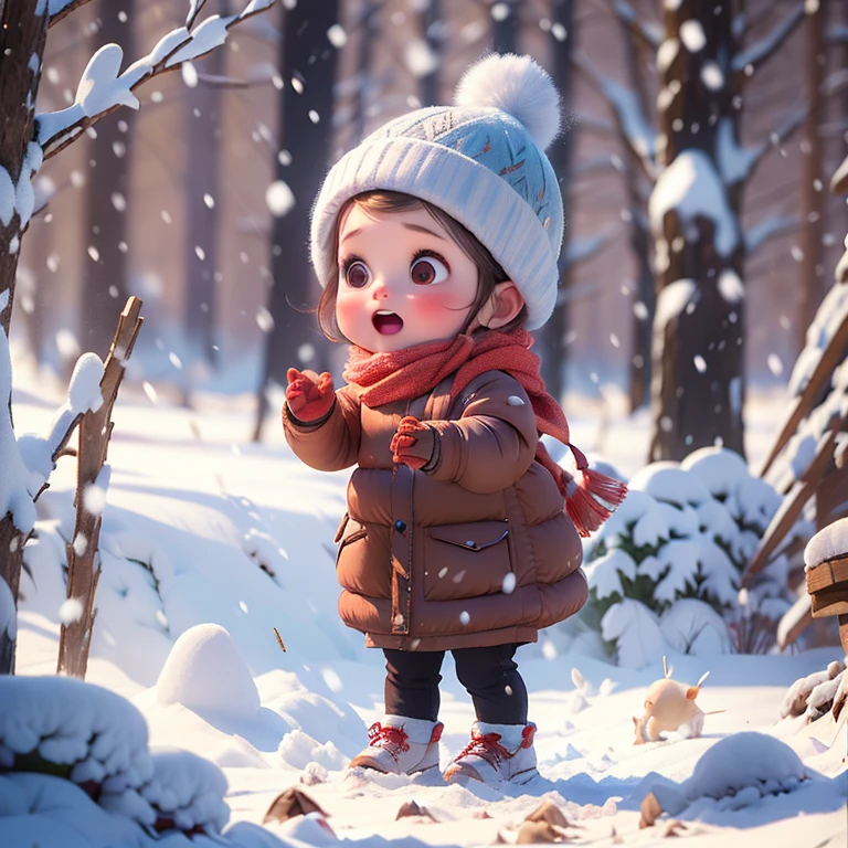 a cute and adorable 3 year old girl  standing on roadside in winter, snow falling