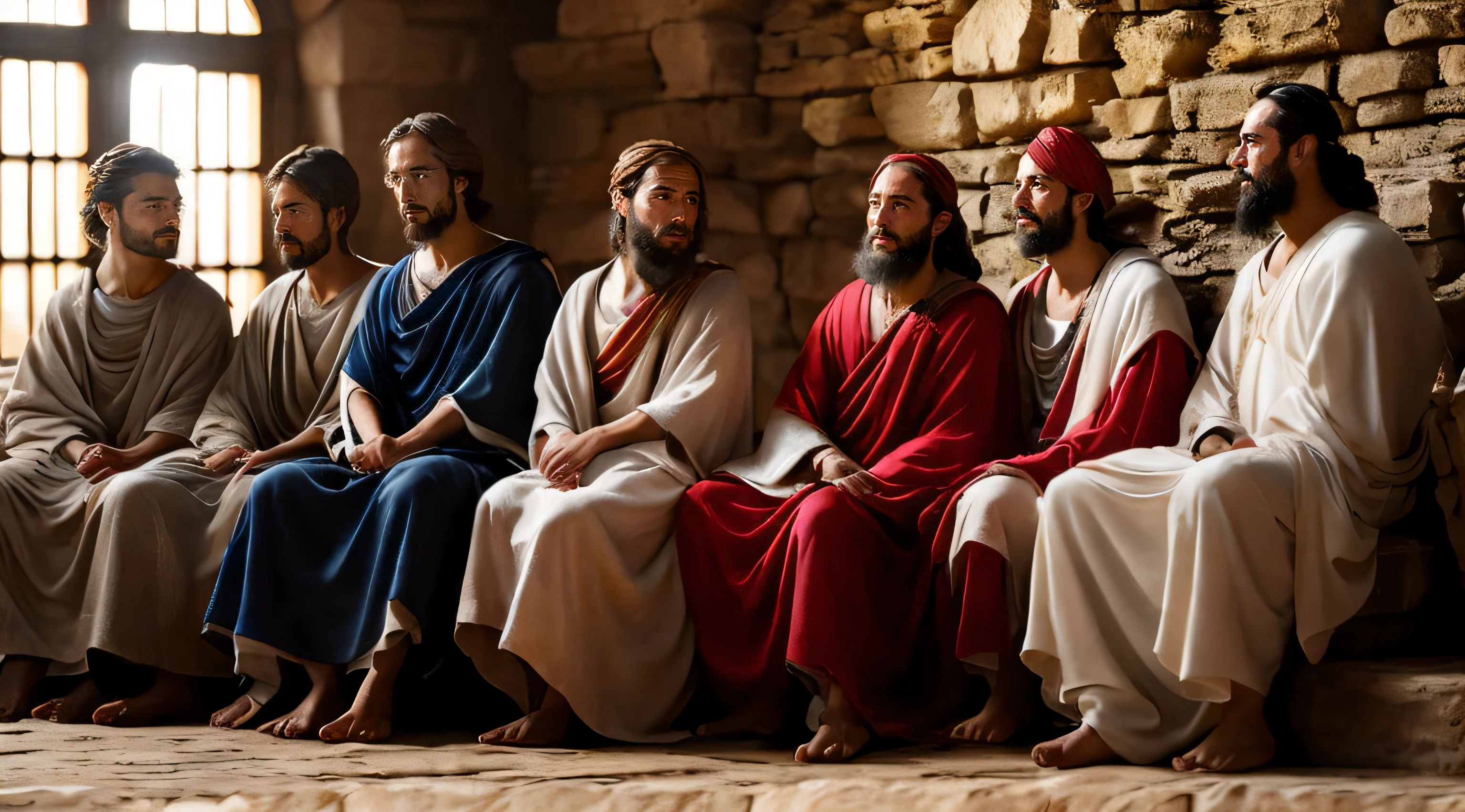 Ancient Israel、Biblical times、1st century、(((The disciples listen to the short-haired Christ)))、8K、Raw photography、top-quality、masterpiece:1.5、ultra-lightweighthigh-resolution、Photorealsitic:1.5、ciinematic light、soft volumetric lighting:1.5、realisitic、Photorealsitic:1、Detailed skin、profetional lighting、a picture、foco nítido、detaileds、profetional lighting、photon maping、detailed and intricate environment、ighly detailed、top-quality、Artistic photography、photorrealistic concept art、soft natural volumetric cinematic perfect light、Midjourney、Detailed hand、