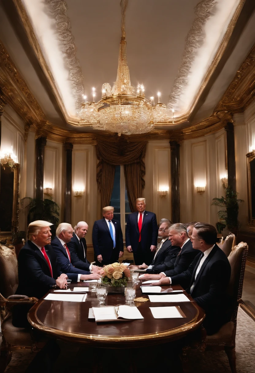 A photo of the user shaking hands with a group of business leaders in a boardroom,original,Donald Trump is looking crazy good, handsome ass bro, always in a black car. Has drip. Diamond chains. Gold crown., male